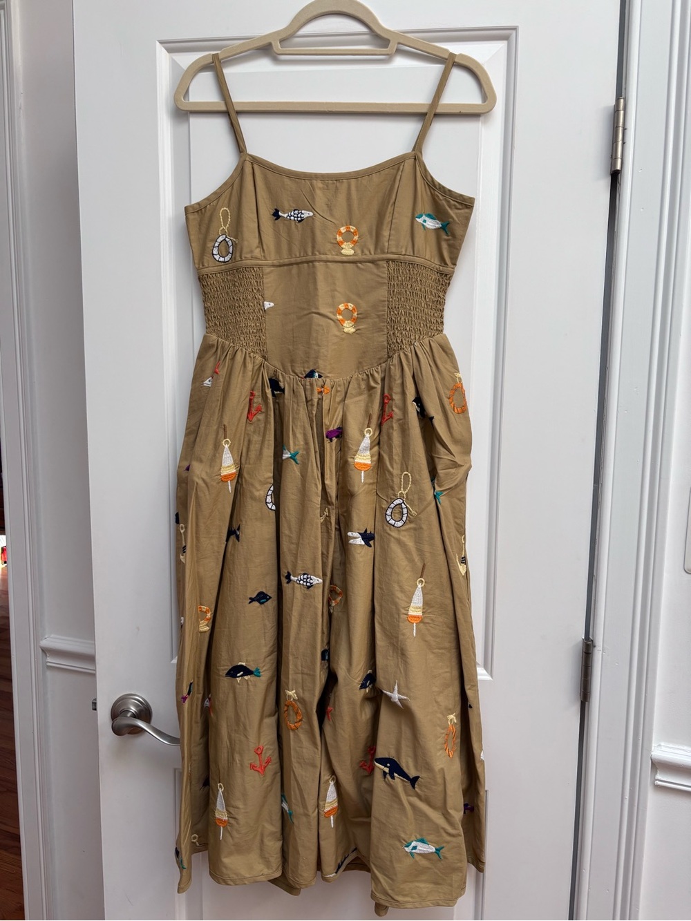 Maeve Tan Embroidered Nautical Midi Sundress